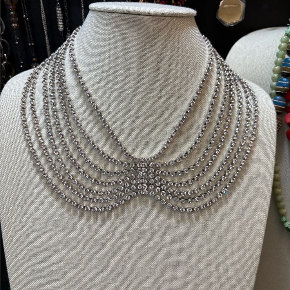 Vintage Natasha Couture Elegant Rhinestone Silver tone Layered Necklace